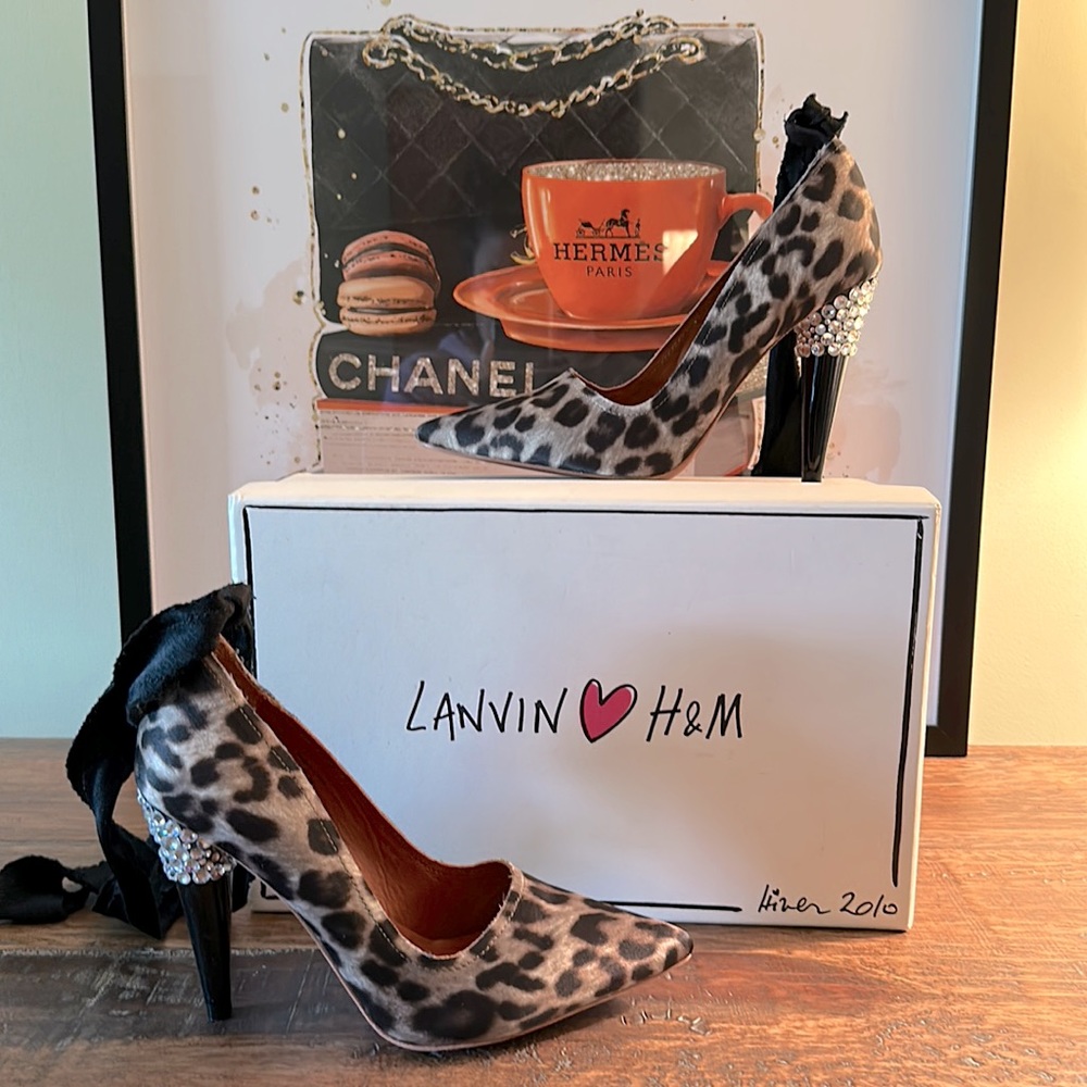 LANVIN ❤️ H&M Satin Leopard Stiletto Rhinestone Studded Heels *2010*